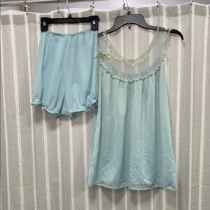Vintage Pandora Lingerie 2 Pc‎ Set Mint Blue Green Sheer Lace Nylon Size M